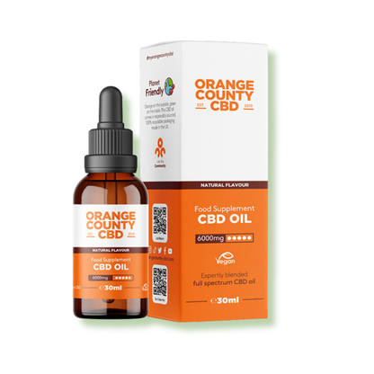 Orange County CBD Oil In glass dropper bottle & orange and white box. 6000mg CBD